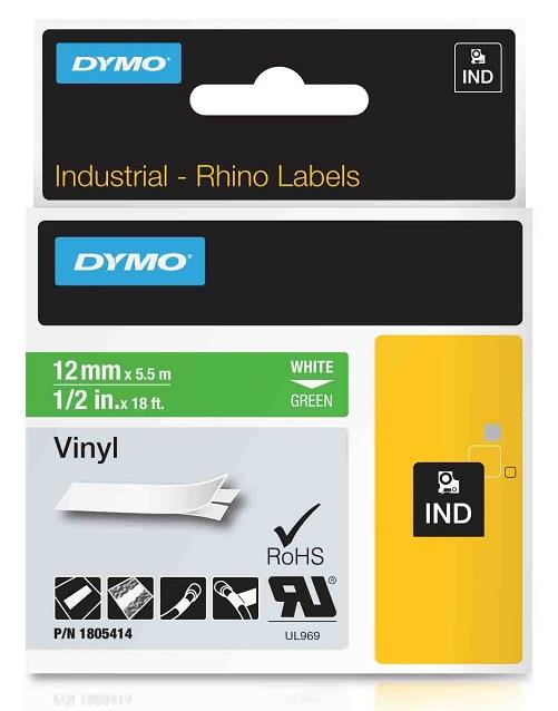 DYMO vinylová páska RHINO D1 12 mm x 5,5 m, bílá na zelené, 1805414