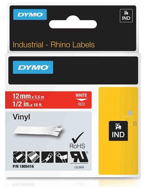 DYMO vinylová páska RHINO D1 12 mm x 5,5 m, bílá na červené, 1805416