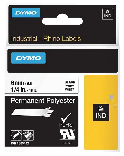DYMO permanentní polyesterová páska RHINO D1 6 mm x 5,5 m, černá na bílé, 1805442