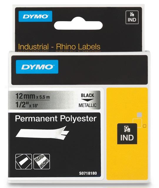 DYMO permanentní polyesterová páska RHINO D1 12 mm x 5,5 m, černá na metalické, S0718180
