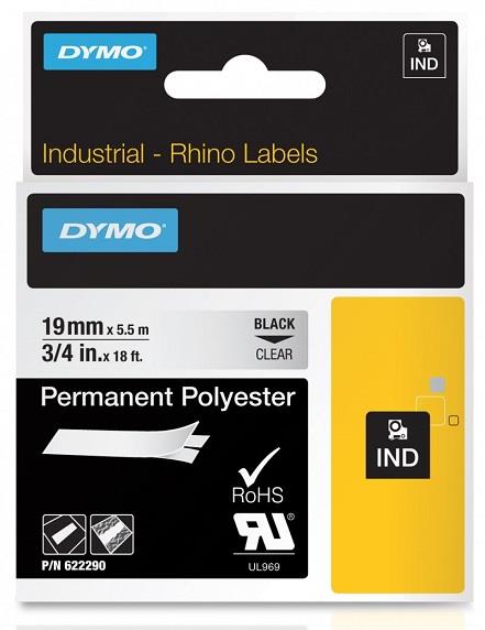 DYMO permanentní polyesterová páska RHINO D1 19 mm x 5,5 m, černá na průhledné, 622290