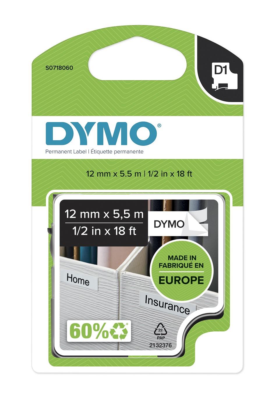 DYMO páska D1 permanentní polyesterová, 12 mm x 5,5 m, černá na bílé, S0718060