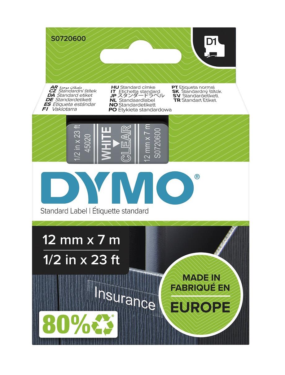 DYMO páska D1 12mm x 7m, bílá na průhledné, 45020, S0720600