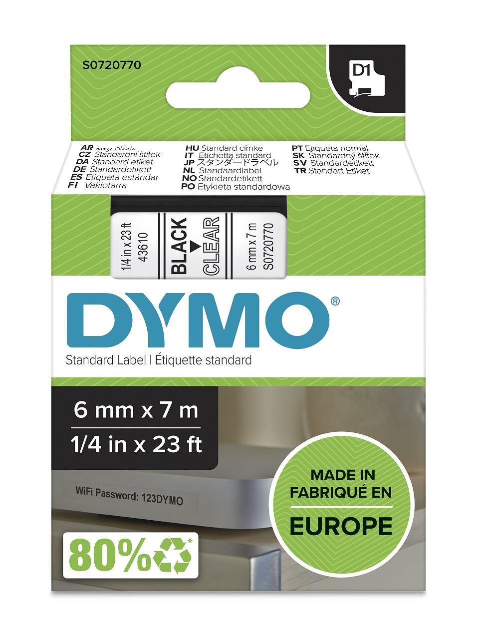 DYMO páska D1 6mm x 7m, černá na průhledné, 43610, S0720770